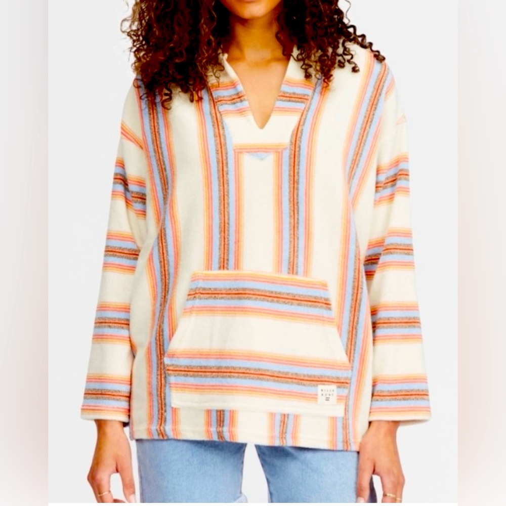 Women's Billabong Pullover striped sweatshirt looped terry hoodie V Neck Beach L